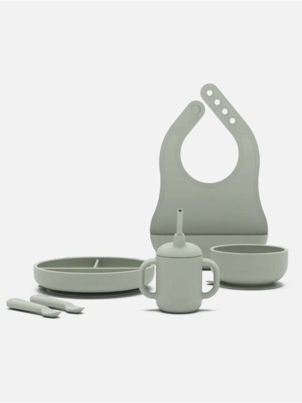 Lalo. Love ag first bite. Silicone Baby Feeding Set in Sage Green